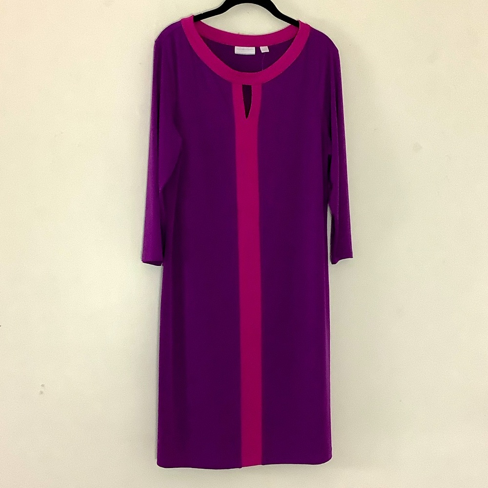NY&Co. Purple Dress with Deep Pink Strip 3/4 Sleeve Casual Preppy Career Church